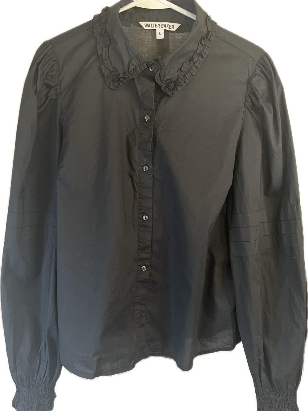Walter Baker Goth Black Ruffle-Collar smocked/pleated Cuffs  Button Down Shirt